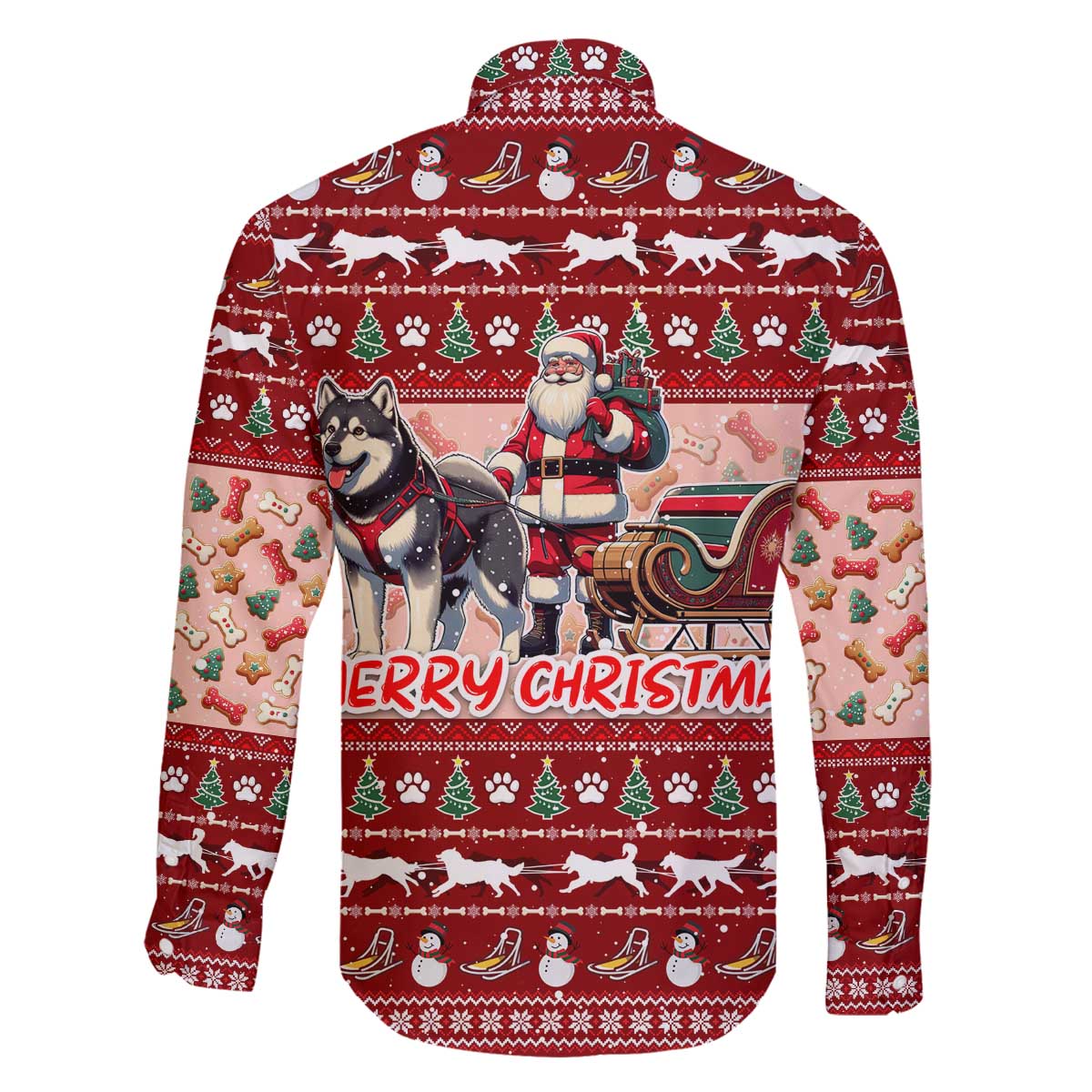 Dog Sled Christmas Family Matching Off The Shoulder Long Sleeve Dress and Hawaiian Shirt Husky Sleigh Ride Design - Polynesian Pride