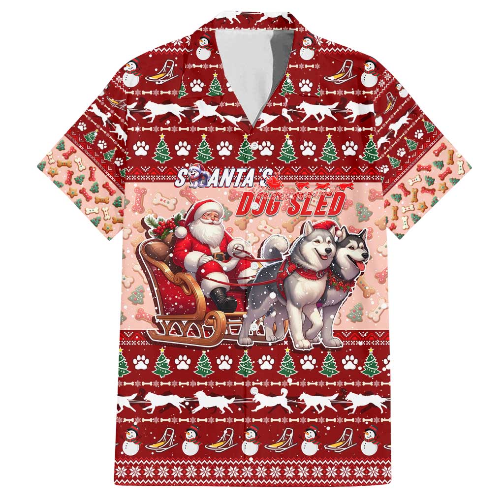 Dog Sled Christmas Family Matching Off Shoulder Short Dress and Hawaiian Shirt Husky Sleigh Ride Design - Polynesian Pride