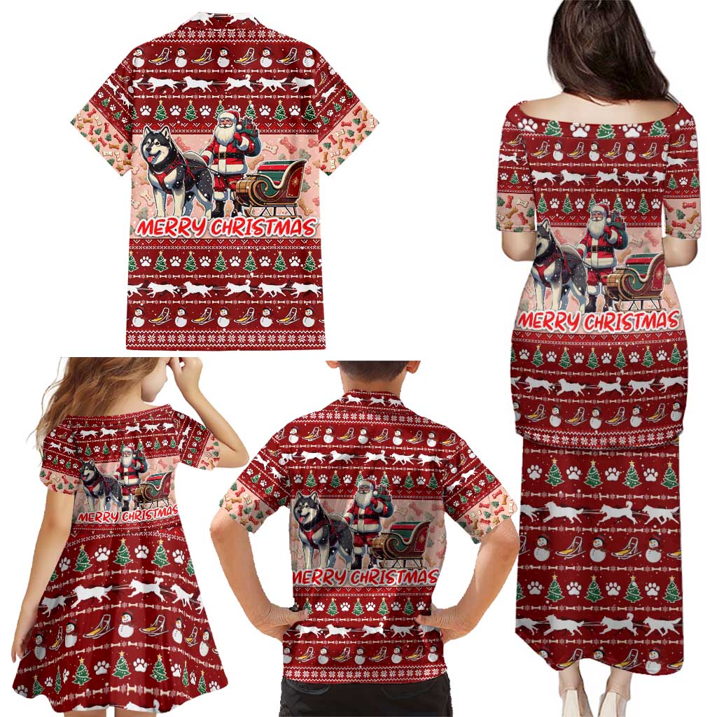 Dog Sled Christmas Family Matching Puletasi and Hawaiian Shirt Husky Sleigh Ride Design - Polynesian Pride