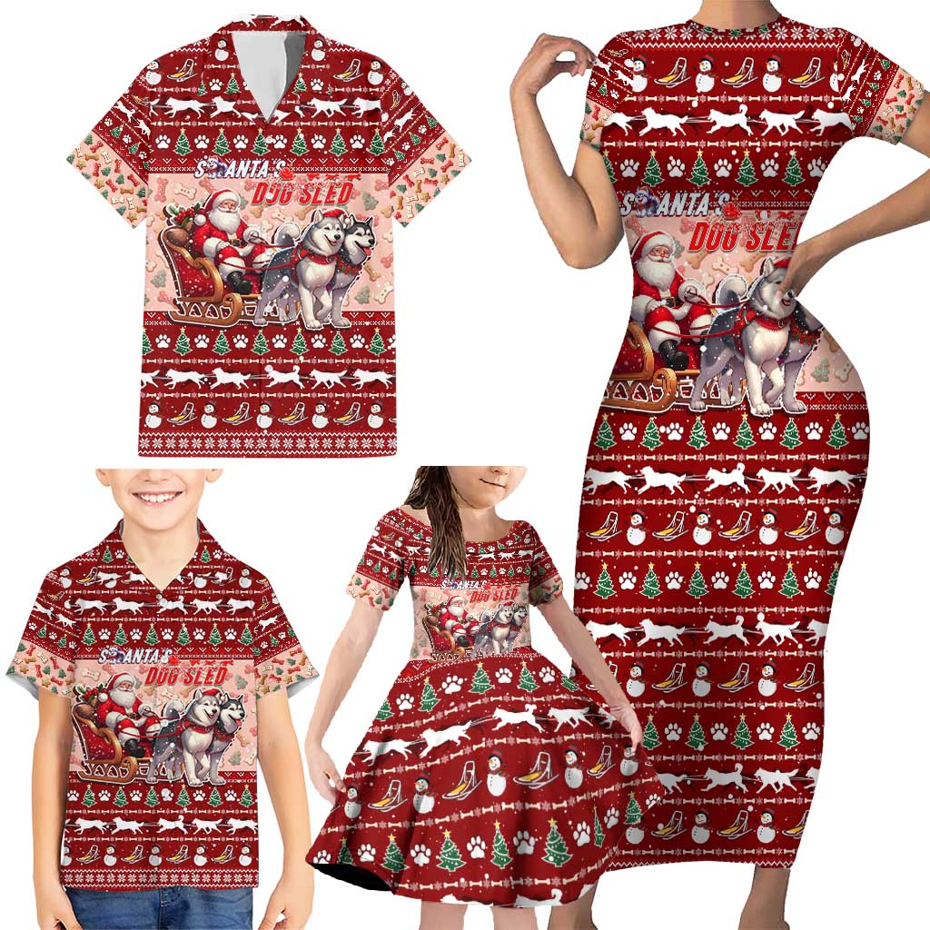 Dog Sled Christmas Family Matching Short Sleeve Bodycon Dress and Hawaiian Shirt Husky Sleigh Ride Design - Polynesian Pride