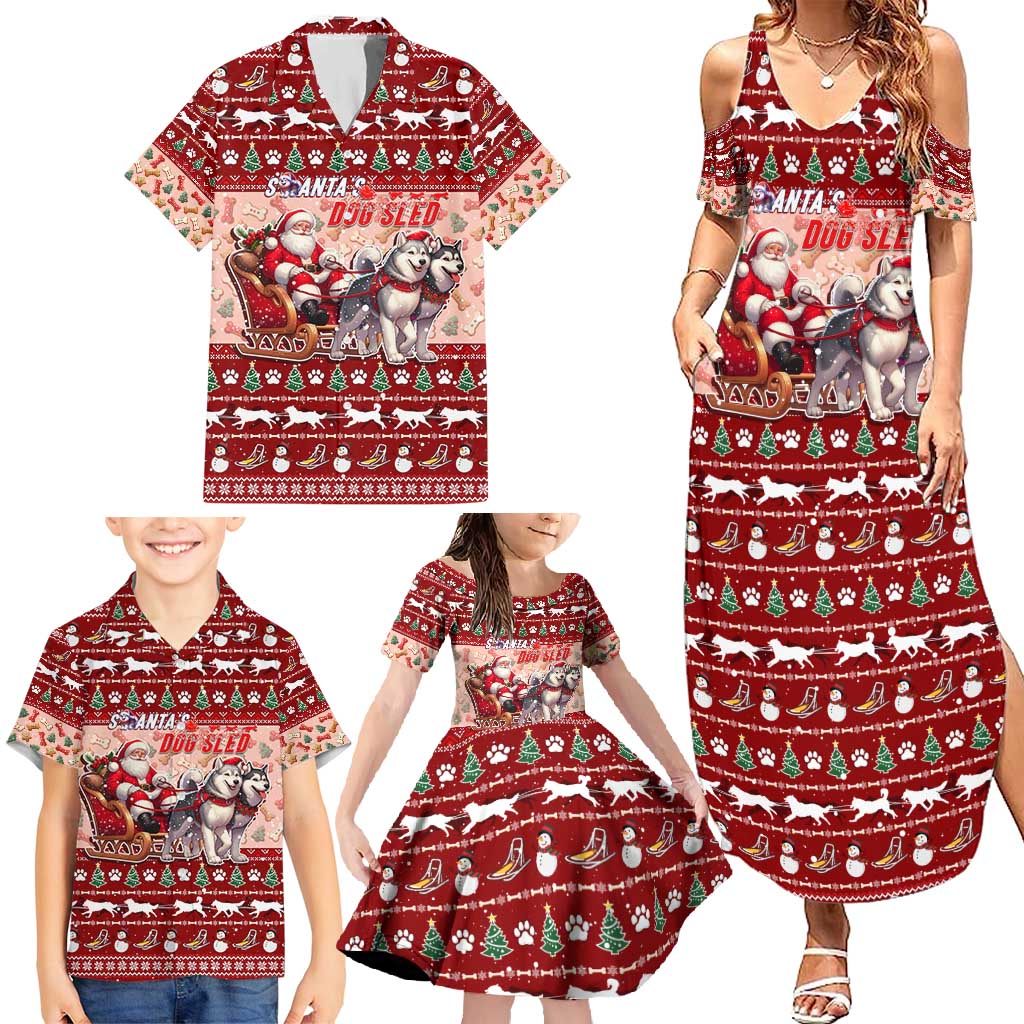 Dog Sled Christmas Family Matching Summer Maxi Dress and Hawaiian Shirt Husky Sleigh Ride Design - Polynesian Pride