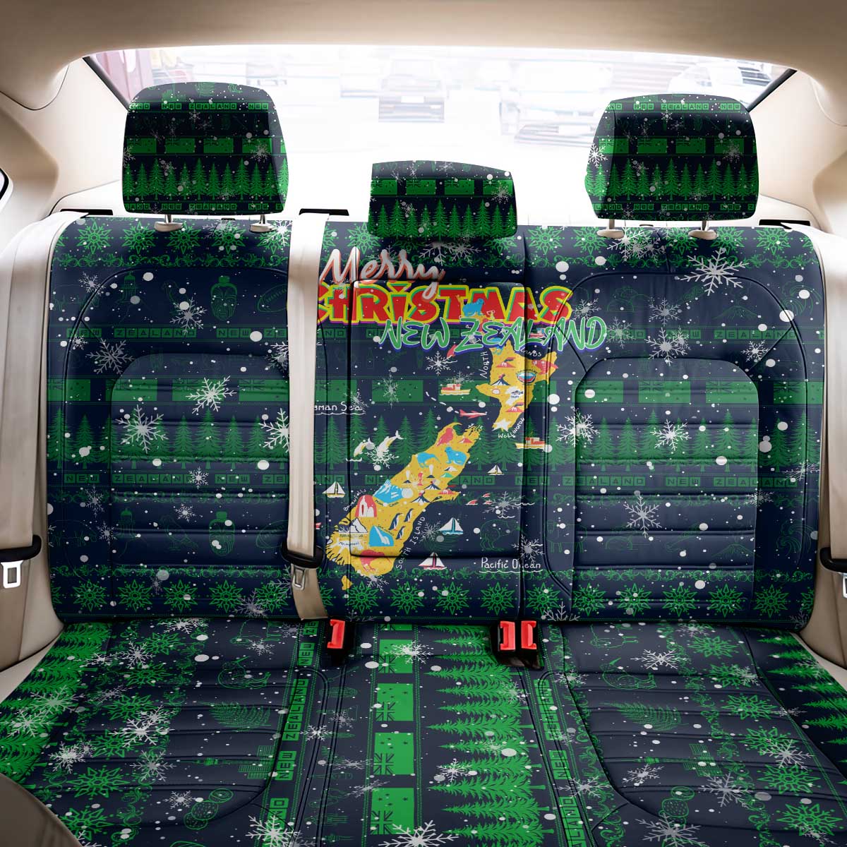 Merry Christmas New Zealand Back Car Seat Cover Xmas Travel Map - Polynesian Pride