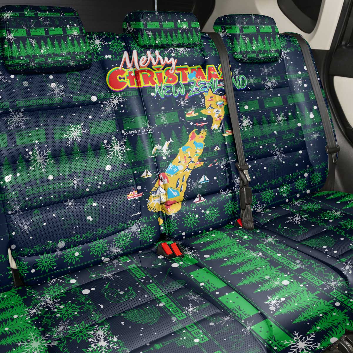 Merry Christmas New Zealand Back Car Seat Cover Xmas Travel Map - Polynesian Pride