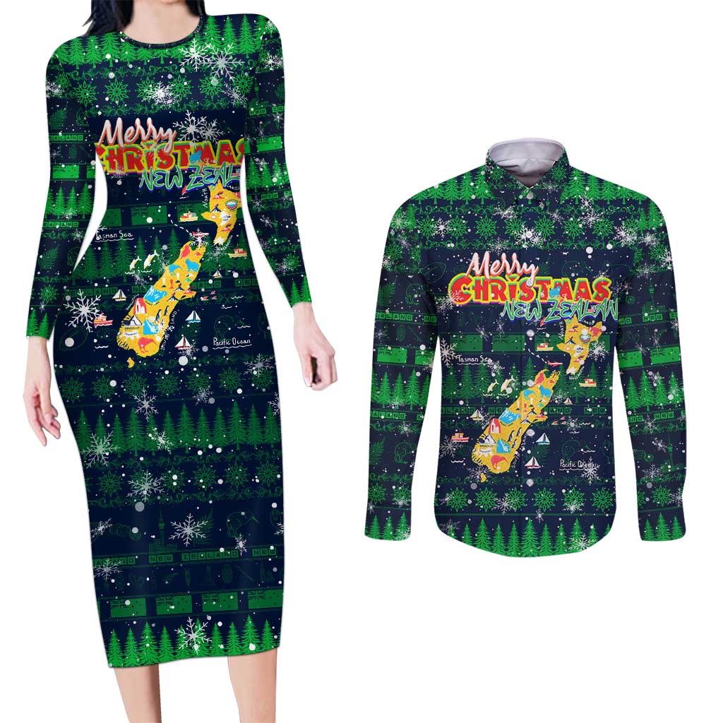Merry Christmas New Zealand Couples Matching Long Sleeve Bodycon Dress and Long Sleeve Button Shirt Xmas Travel Map - Polynesian Pride