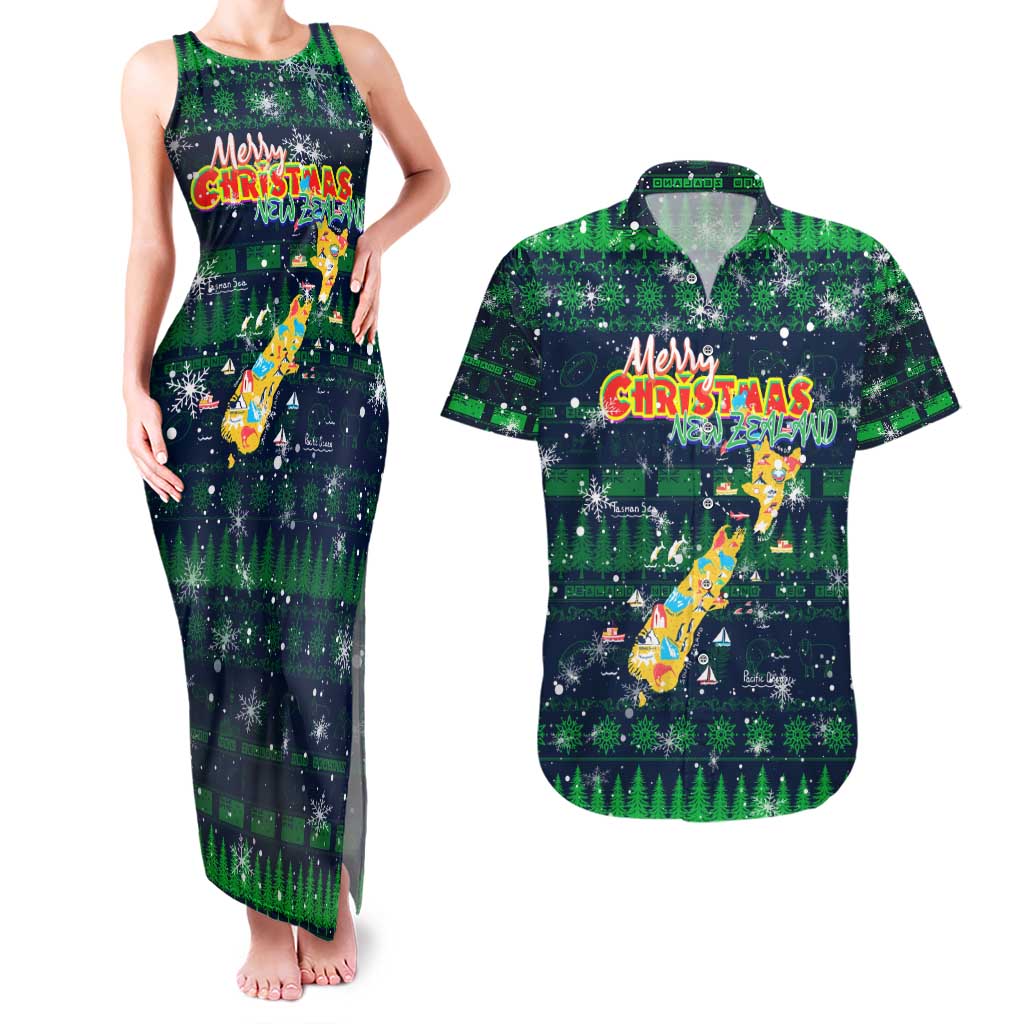 Merry Christmas New Zealand Couples Matching Tank Maxi Dress and Hawaiian Shirt Xmas Travel Map - Polynesian Pride