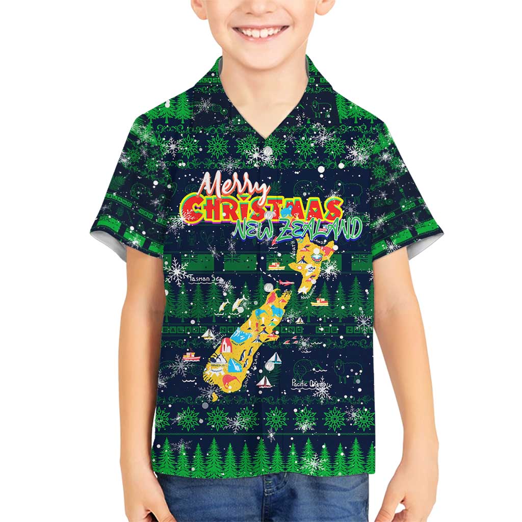 Merry Christmas New Zealand Family Matching Off Shoulder Short Dress and Hawaiian Shirt Xmas Travel Map - Polynesian Pride