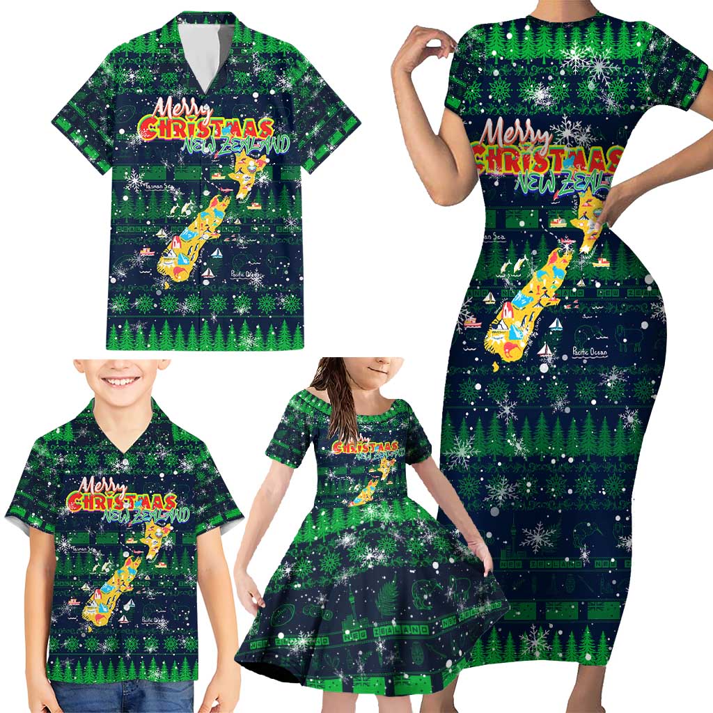 Merry Christmas New Zealand Family Matching Short Sleeve Bodycon Dress and Hawaiian Shirt Xmas Travel Map - Polynesian Pride