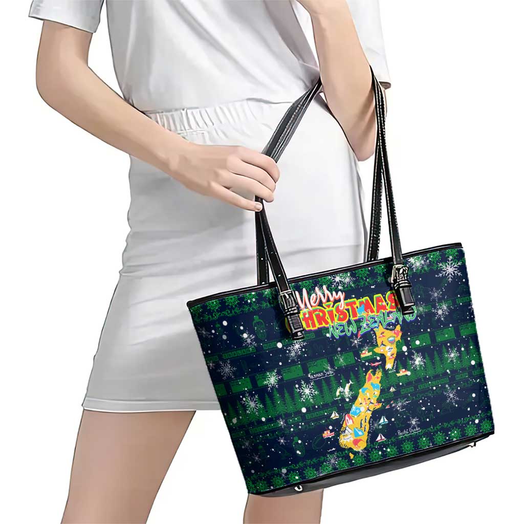 Merry Christmas New Zealand Leather Tote Bag Xmas Travel Map - Polynesian Pride
