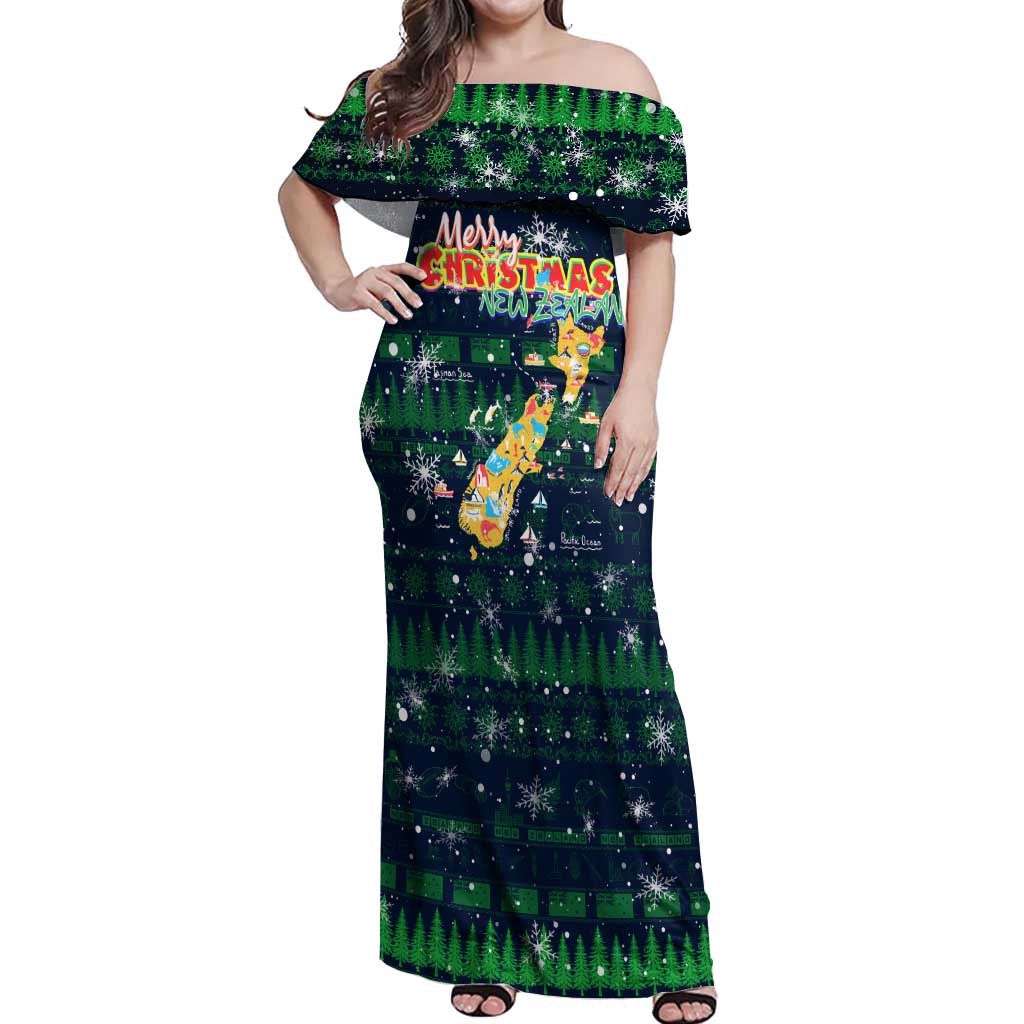 Merry Christmas New Zealand Off Shoulder Maxi Dress Xmas Travel Map - Polynesian Pride