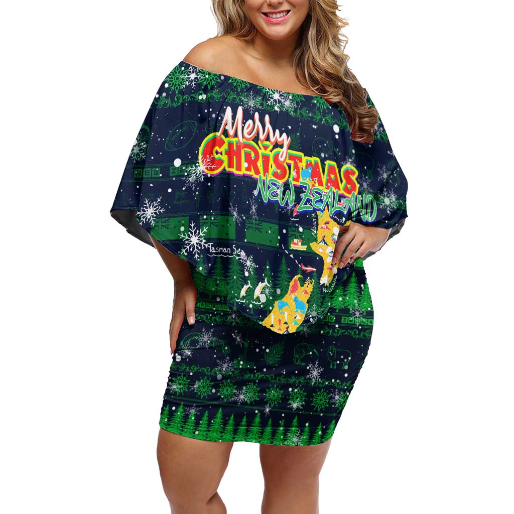 Merry Christmas New Zealand Off Shoulder Short Dress Xmas Travel Map - Polynesian Pride