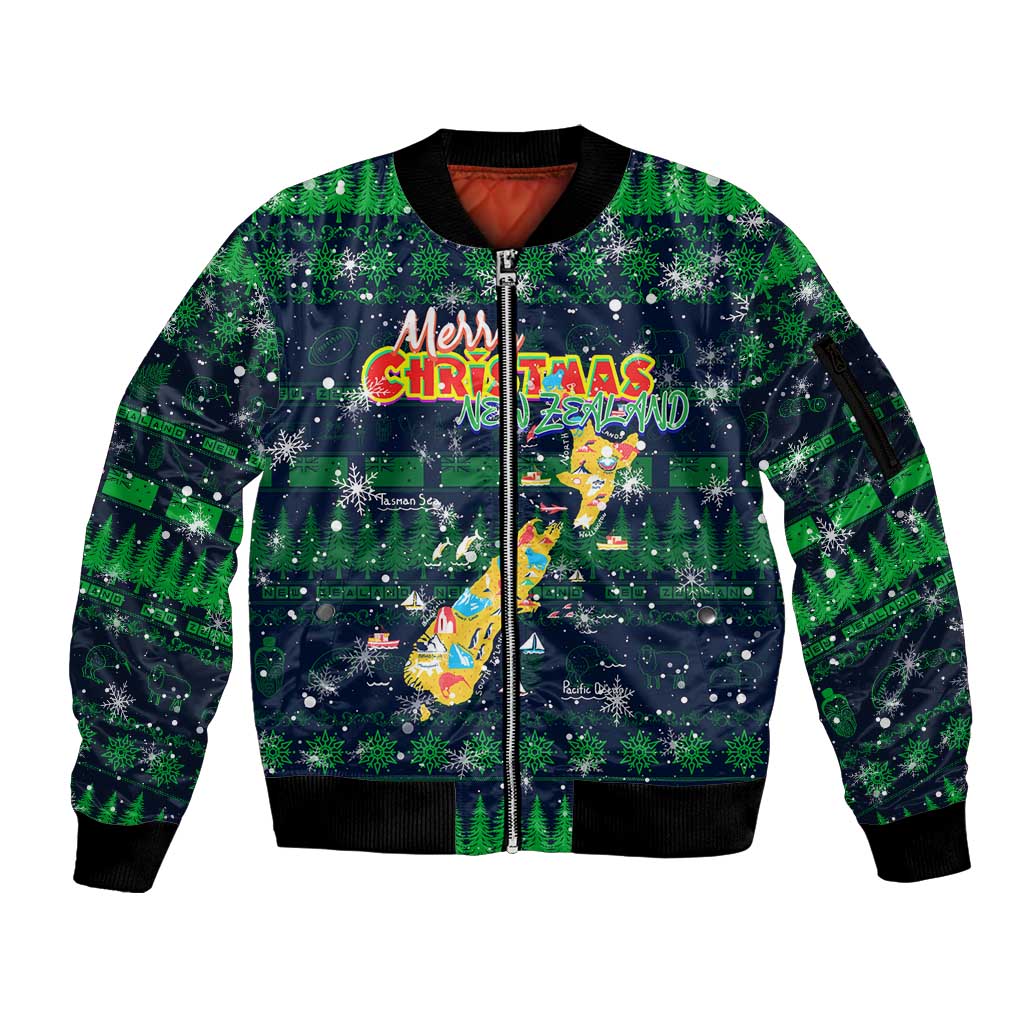 Merry Christmas New Zealand Sleeve Zip Bomber Jacket Xmas Travel Map - Polynesian Pride