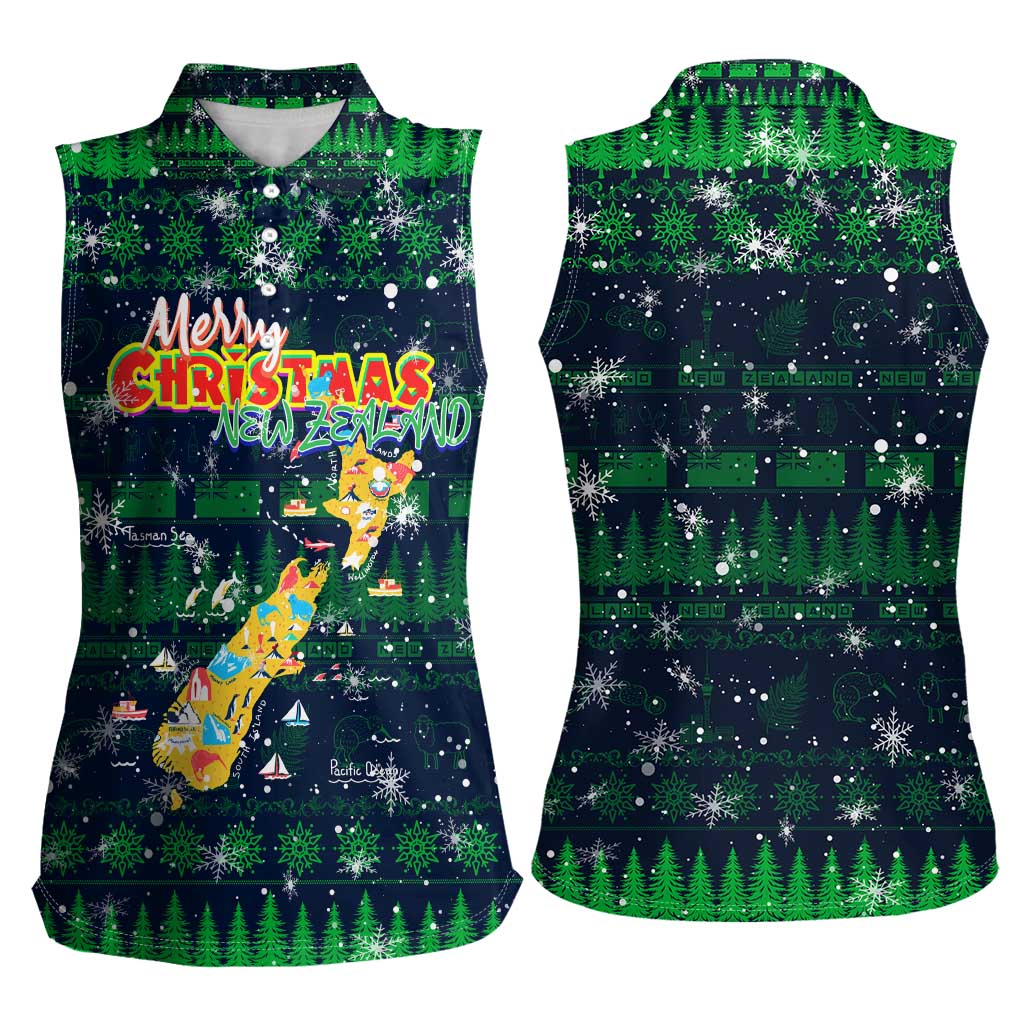 Merry Christmas New Zealand Women Sleeveless Polo Shirt Xmas Travel Map - Polynesian Pride