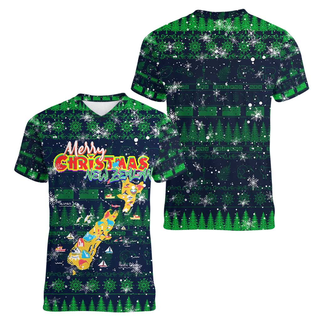 Merry Christmas New Zealand Women V-Neck T-Shirt Xmas Travel Map - Polynesian Pride