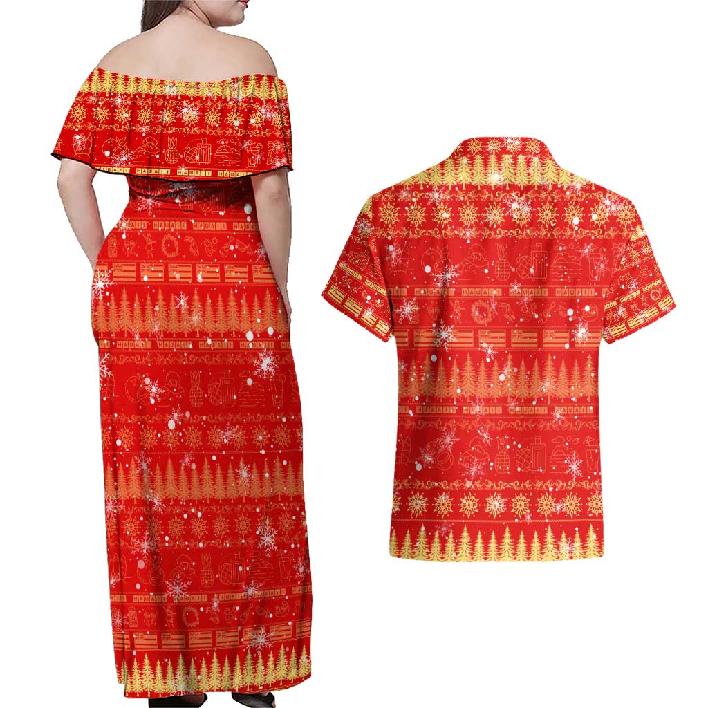 Merry Christmas Hawaii Couples Matching Off Shoulder Maxi Dress and Hawaiian Shirt Xmas Travel Map - Polynesian Pride