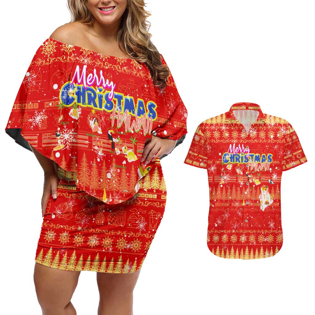 Merry Christmas Hawaii Couples Matching Off Shoulder Short Dress and Hawaiian Shirt Xmas Travel Map - Polynesian Pride