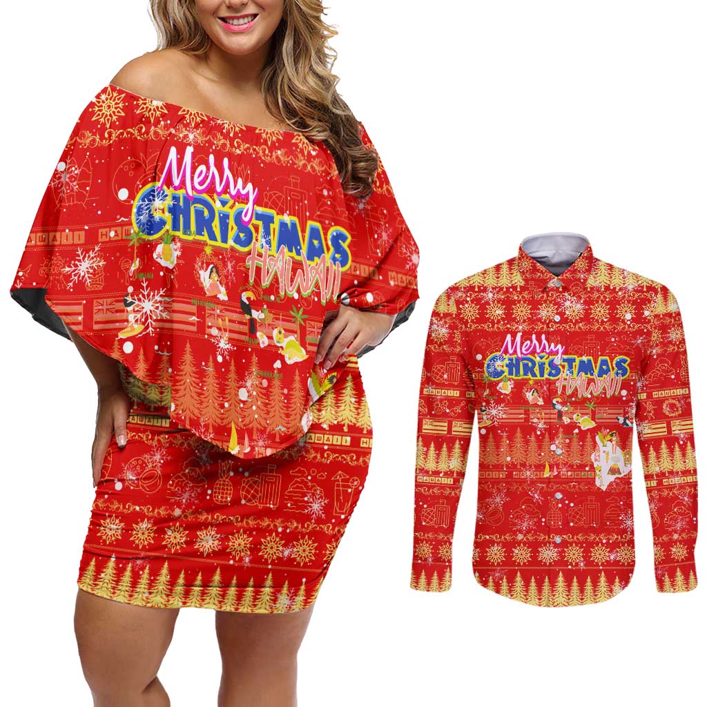 Merry Christmas Hawaii Couples Matching Off Shoulder Short Dress and Long Sleeve Button Shirt Xmas Travel Map - Polynesian Pride