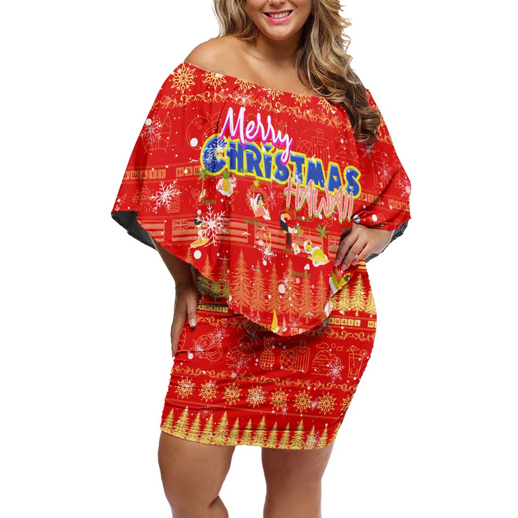 Merry Christmas Hawaii Family Matching Off Shoulder Short Dress and Hawaiian Shirt Xmas Travel Map - Polynesian Pride