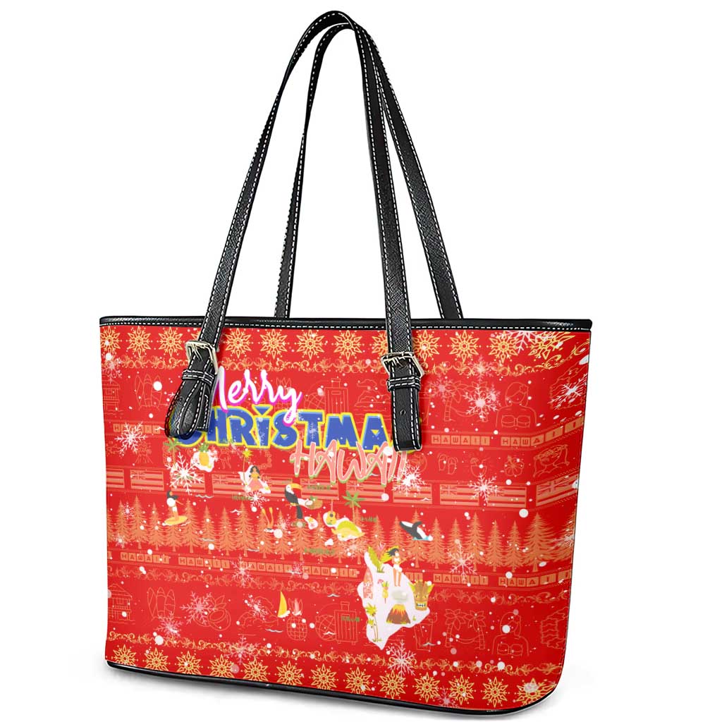 Merry Christmas Hawaii Leather Tote Bag Xmas Travel Map - Polynesian Pride