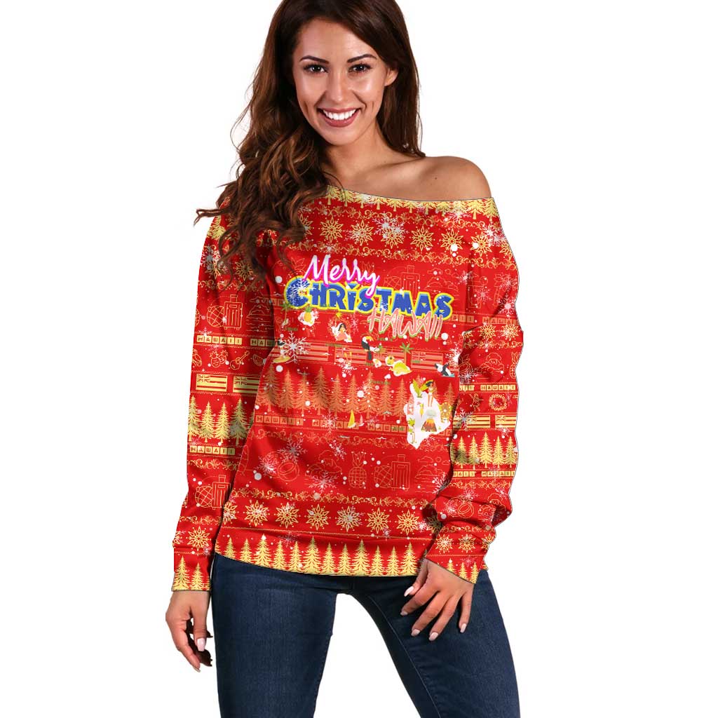 Merry Christmas Hawaii Off Shoulder Sweater Xmas Travel Map - Polynesian Pride