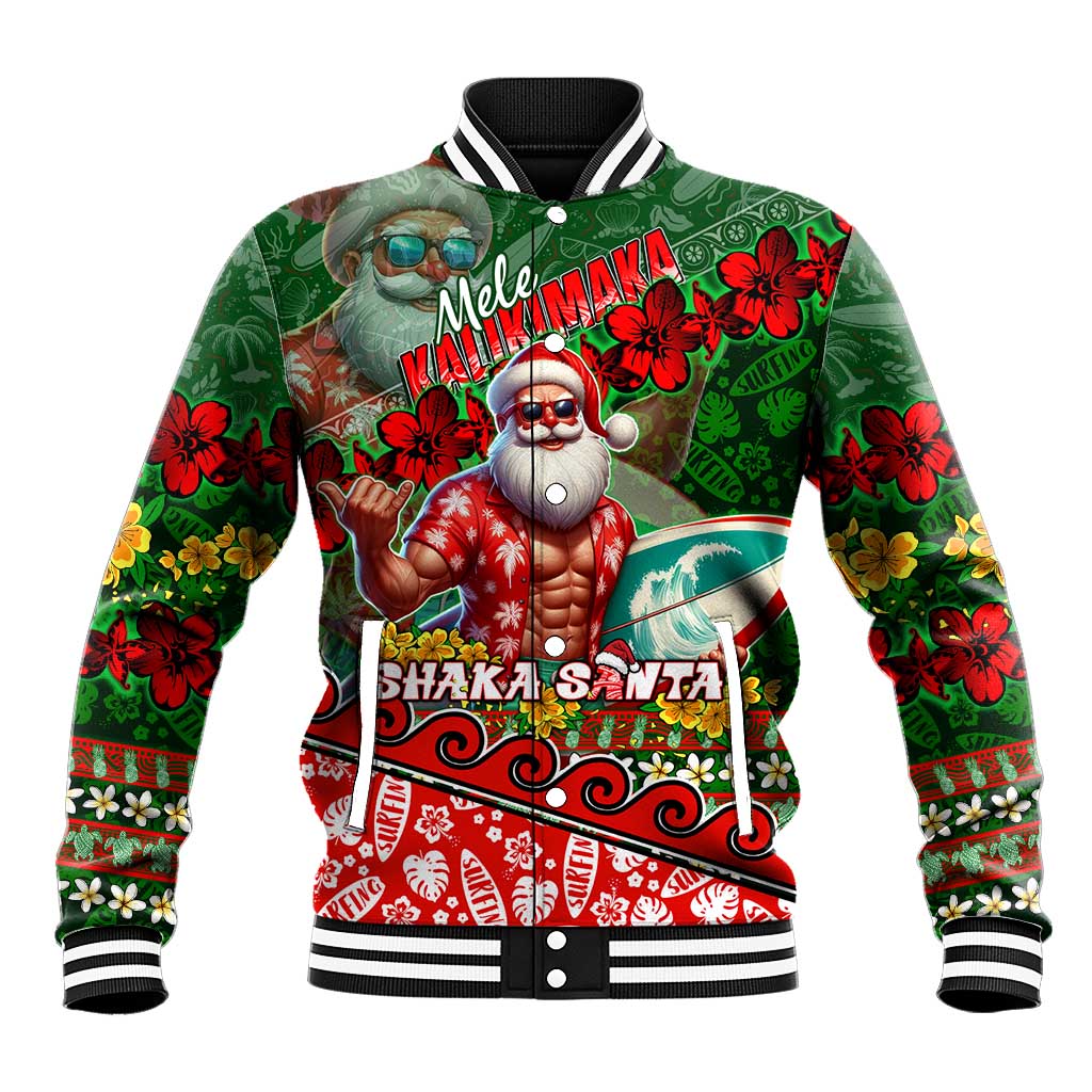 Mele Kalikimaka Shaka Santa Baseball Jacket Hawaiian Surf Christmas Design with Aloha Spirit - Polynesian Pride