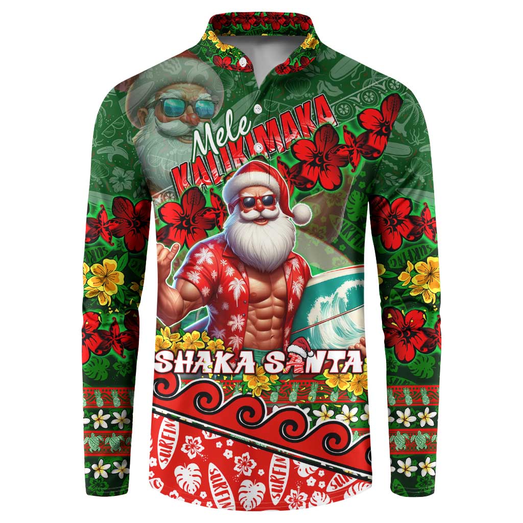 Mele Kalikimaka Shaka Santa Button Sweatshirt Hawaiian Surf Christmas Design with Aloha Spirit - Polynesian Pride