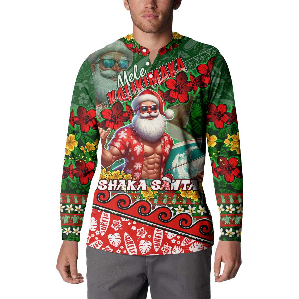 Mele Kalikimaka Shaka Santa Button Sweatshirt Hawaiian Surf Christmas Design with Aloha Spirit - Polynesian Pride