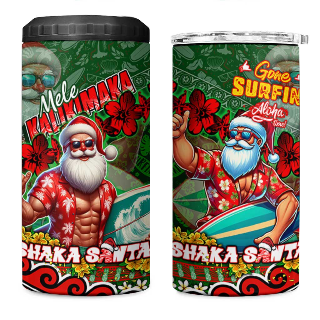 Mele Kalikimaka Shaka Santa 4 in 1 Can Cooler Tumbler Hawaiian Surf Christmas Design with Aloha Spirit - Polynesian Pride