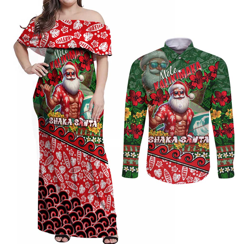 Mele Kalikimaka Shaka Santa Couples Matching Off Shoulder Maxi Dress and Long Sleeve Button Shirt Hawaiian Surf Christmas Design with Aloha Spirit - Polynesian Pride