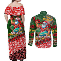 Mele Kalikimaka Shaka Santa Couples Matching Off Shoulder Maxi Dress and Long Sleeve Button Shirt Hawaiian Surf Christmas Design with Aloha Spirit - Polynesian Pride