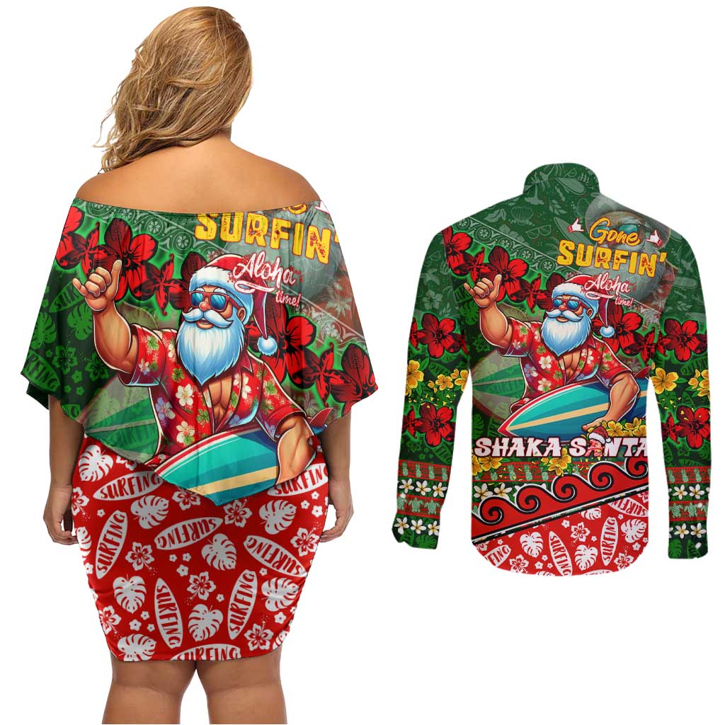 Mele Kalikimaka Shaka Santa Couples Matching Off Shoulder Short Dress and Long Sleeve Button Shirt Hawaiian Surf Christmas Design with Aloha Spirit - Polynesian Pride