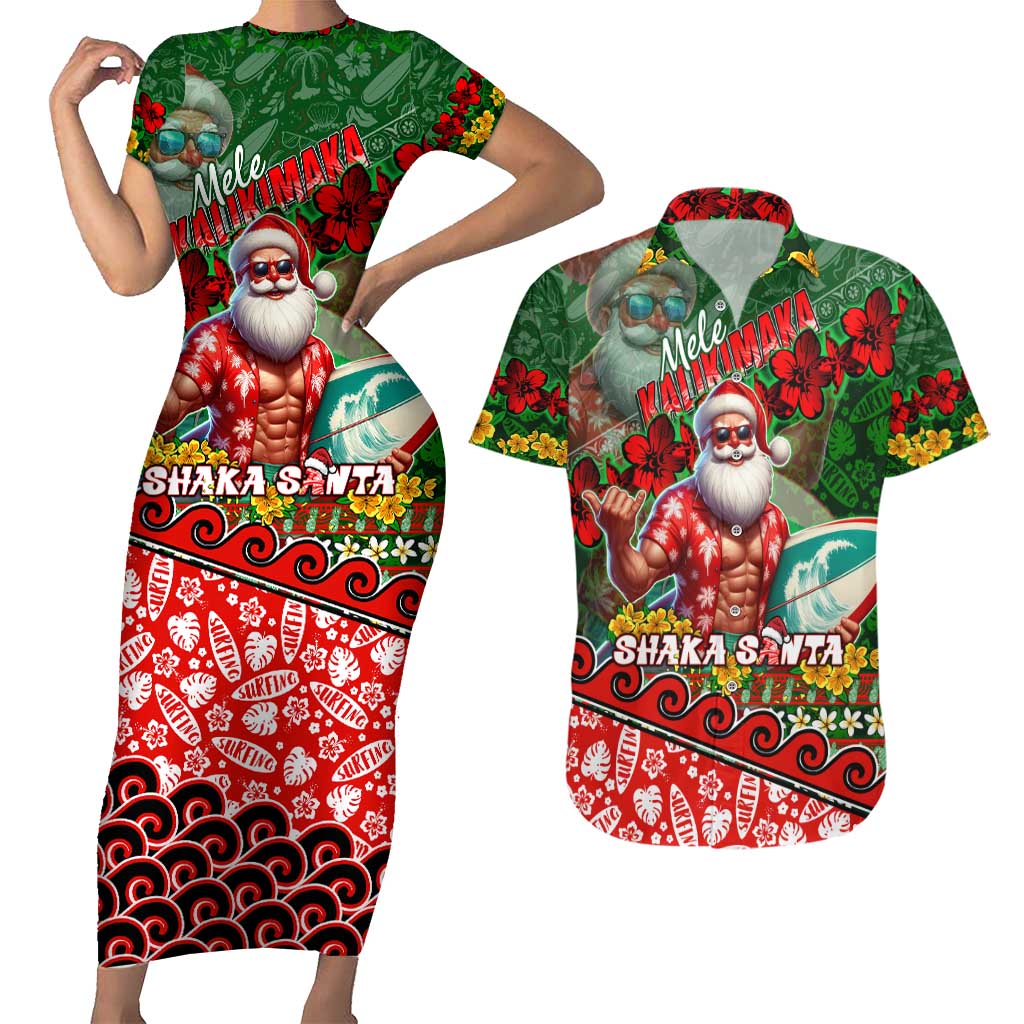 Mele Kalikimaka Shaka Santa Couples Matching Short Sleeve Bodycon Dress and Hawaiian Shirt Hawaiian Surf Christmas Design with Aloha Spirit - Polynesian Pride