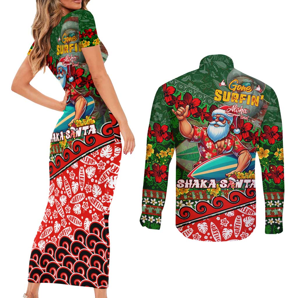 Mele Kalikimaka Shaka Santa Couples Matching Short Sleeve Bodycon Dress and Long Sleeve Button Shirt Hawaiian Surf Christmas Design with Aloha Spirit - Polynesian Pride