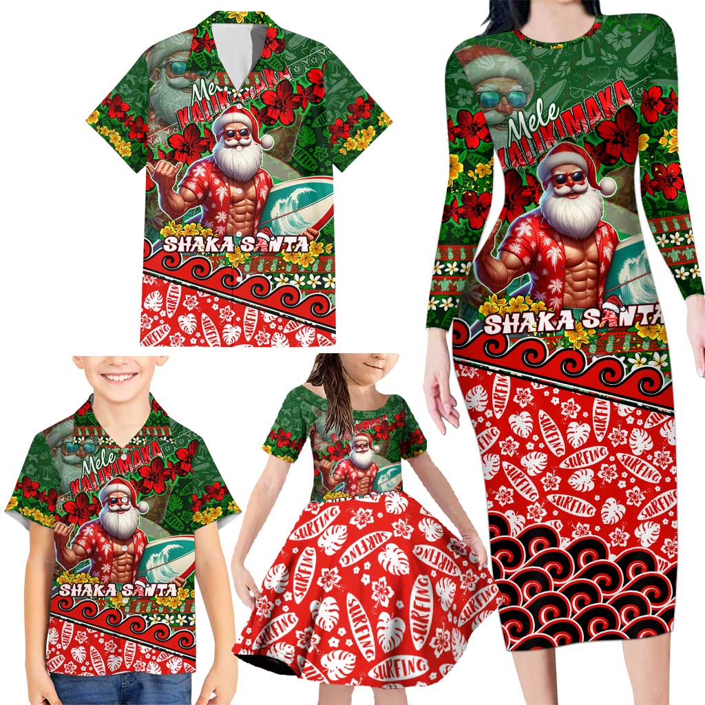Mele Kalikimaka Shaka Santa Family Matching Long Sleeve Bodycon Dress and Hawaiian Shirt Hawaiian Surf Christmas Design with Aloha Spirit - Polynesian Pride