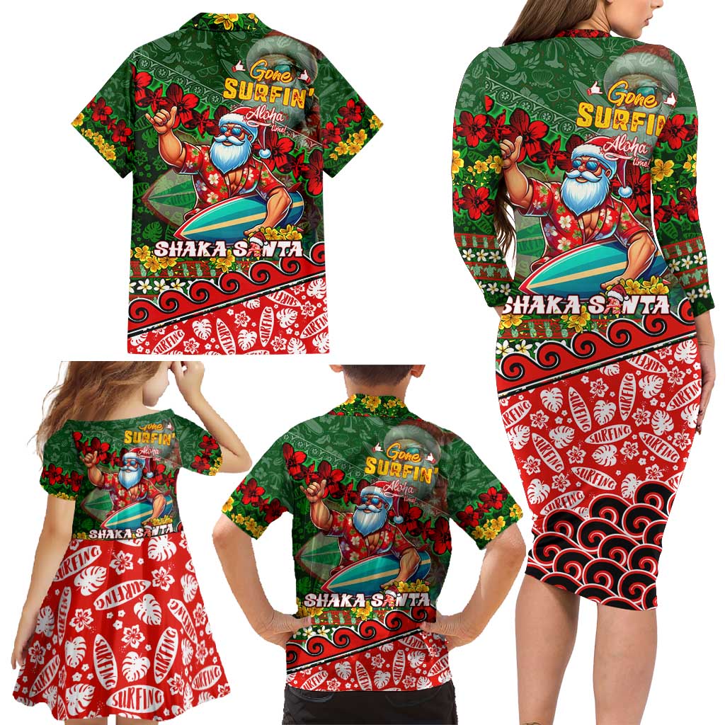 Mele Kalikimaka Shaka Santa Family Matching Long Sleeve Bodycon Dress and Hawaiian Shirt Hawaiian Surf Christmas Design with Aloha Spirit - Polynesian Pride