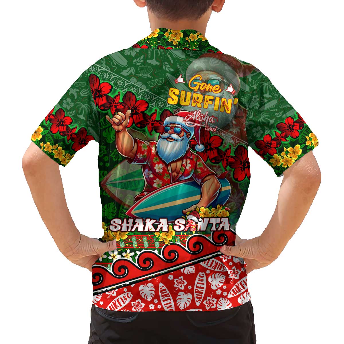 Mele Kalikimaka Shaka Santa Family Matching Off The Shoulder Long Sleeve Dress and Hawaiian Shirt Hawaiian Surf Christmas Design with Aloha Spirit - Polynesian Pride