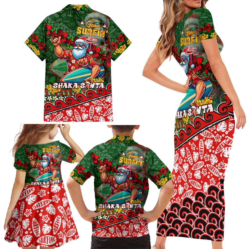 Mele Kalikimaka Shaka Santa Family Matching Short Sleeve Bodycon Dress and Hawaiian Shirt Hawaiian Surf Christmas Design with Aloha Spirit - Polynesian Pride