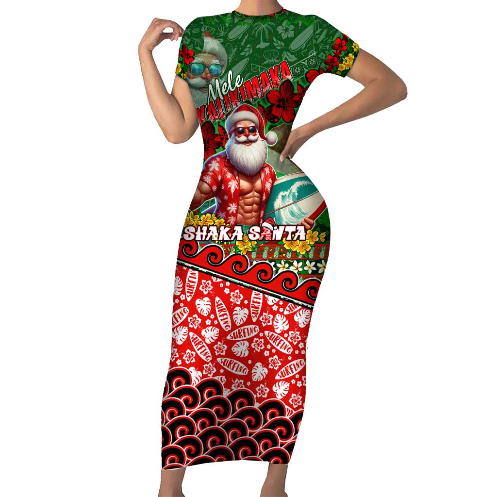 Mele Kalikimaka Shaka Santa Family Matching Short Sleeve Bodycon Dress and Hawaiian Shirt Hawaiian Surf Christmas Design with Aloha Spirit - Polynesian Pride