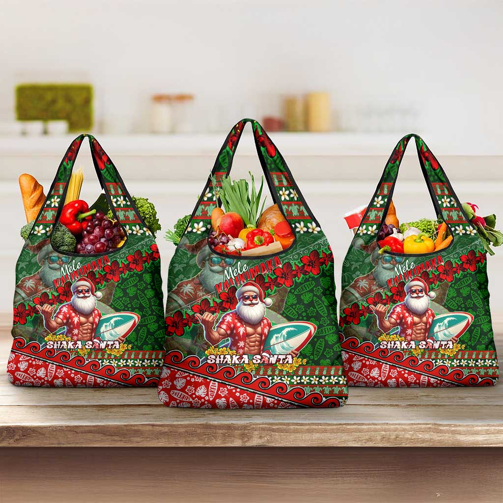 Mele Kalikimaka Shaka Santa Grocery Bag Hawaiian Surf Christmas Design with Aloha Spirit - Polynesian Pride