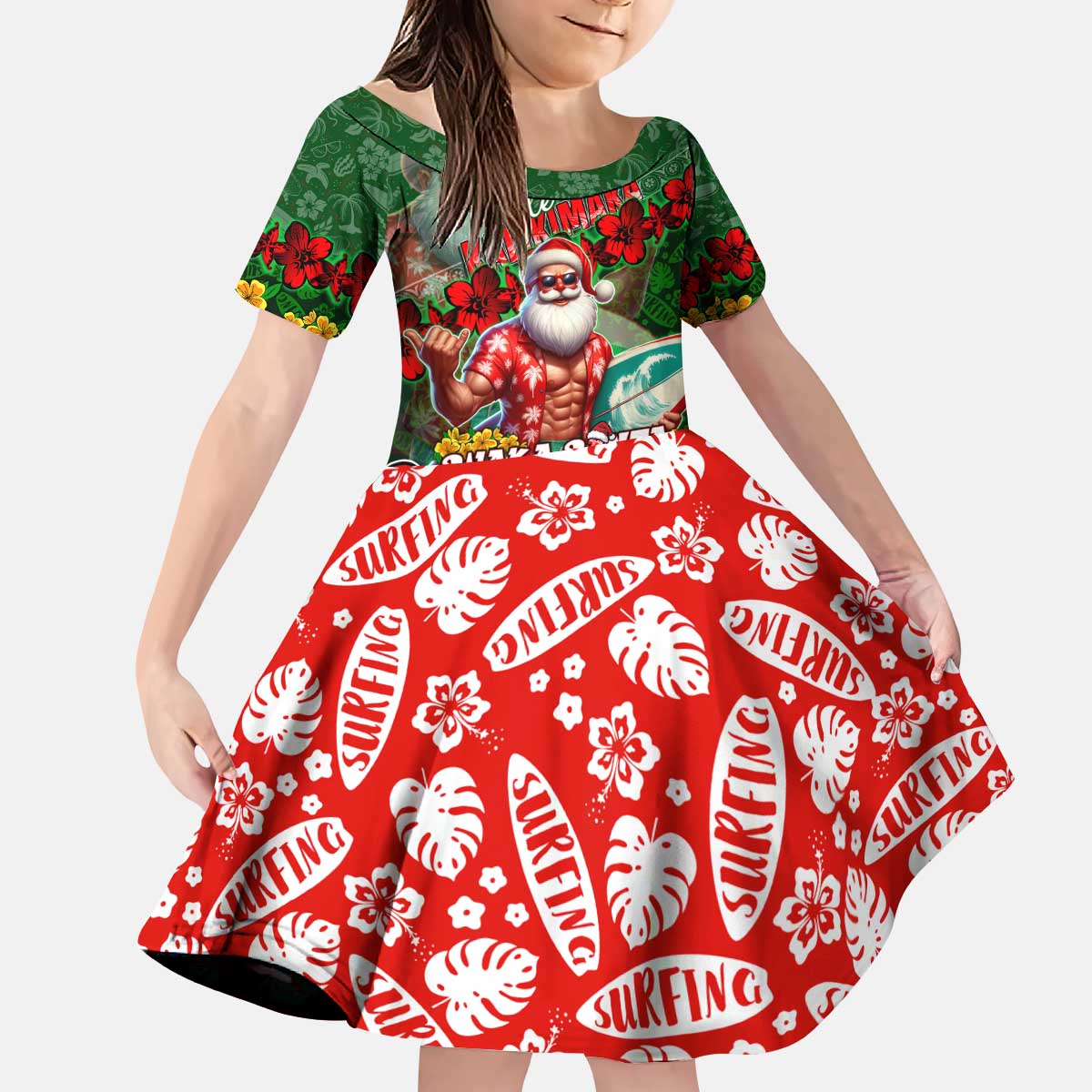 Mele Kalikimaka Shaka Santa Kid Short Sleeve Dress Hawaiian Surf Christmas Design with Aloha Spirit - Polynesian Pride