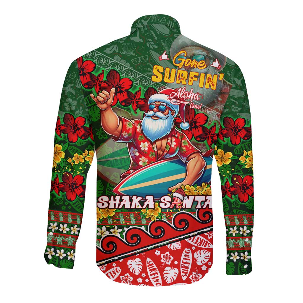 Mele Kalikimaka Shaka Santa Long Sleeve Button Shirt Hawaiian Surf Christmas Design with Aloha Spirit - Polynesian Pride
