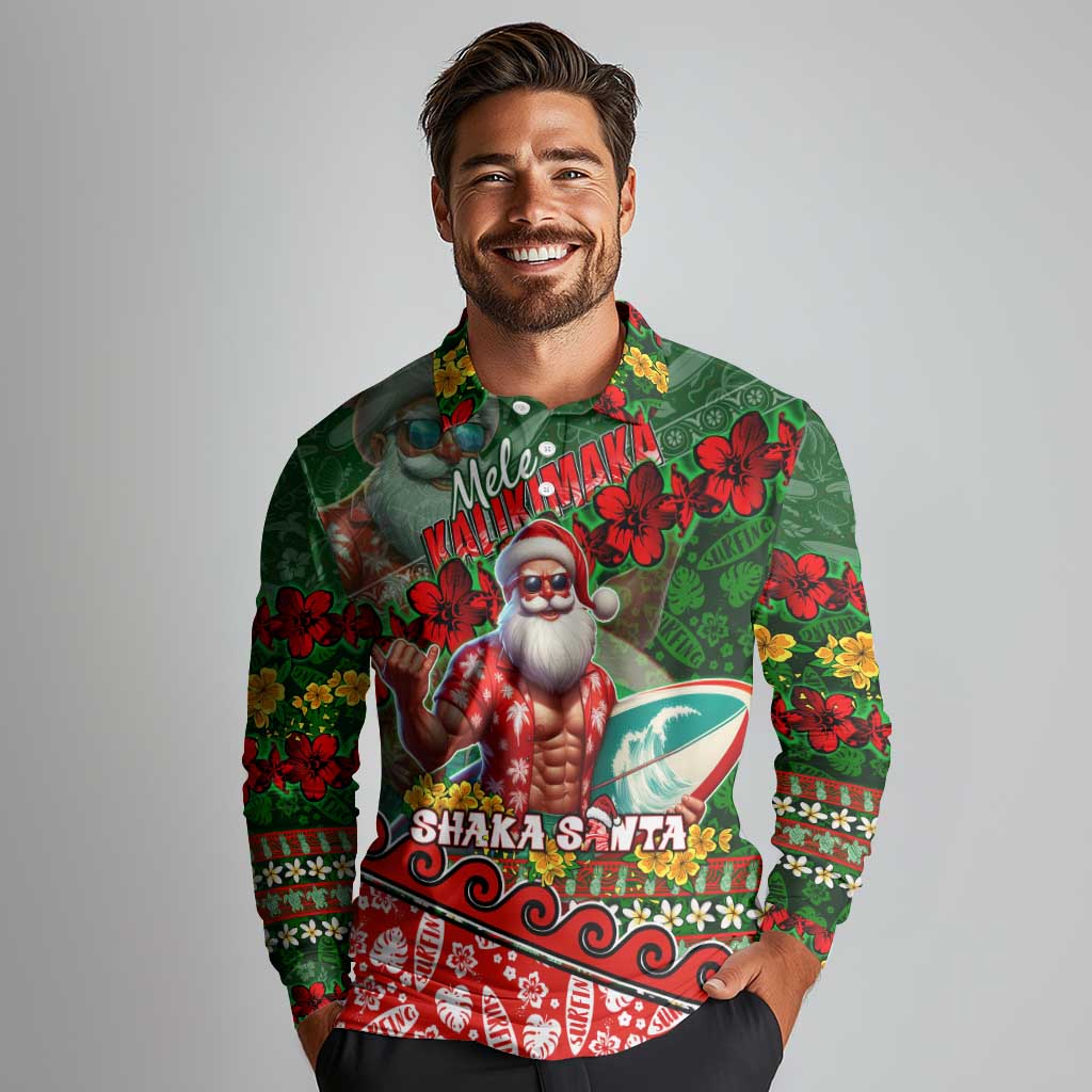 Mele Kalikimaka Shaka Santa Long Sleeve Polo Shirt Hawaiian Surf Christmas Design with Aloha Spirit - Polynesian Pride