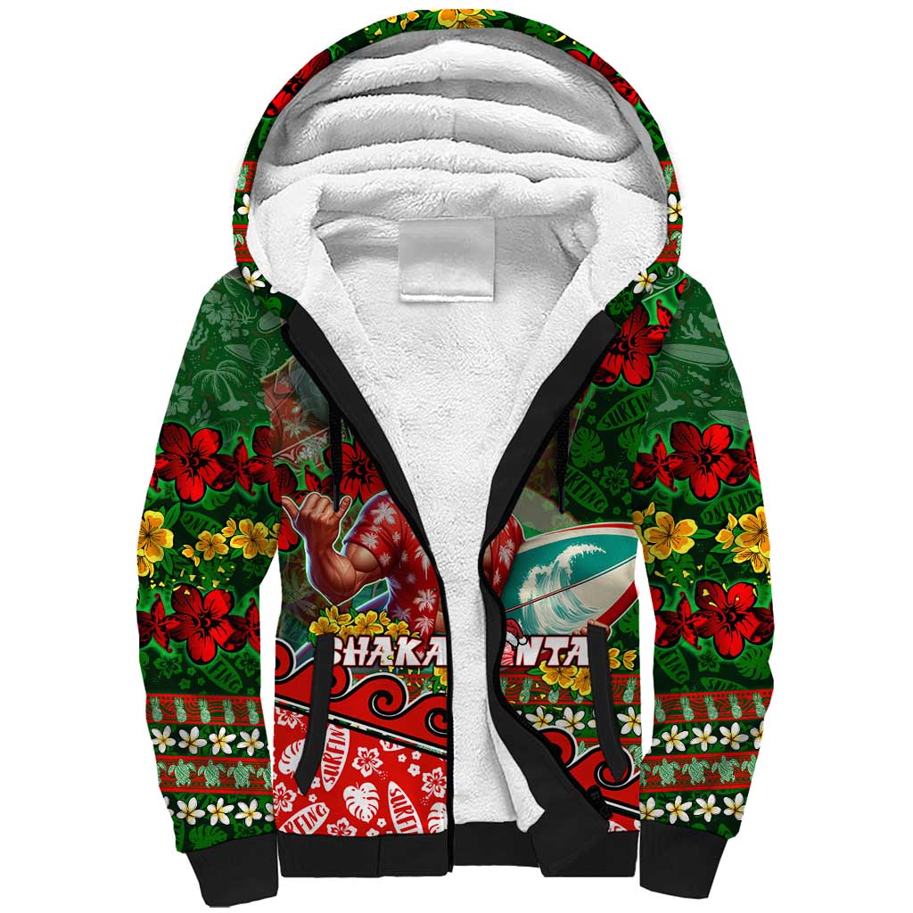Mele Kalikimaka Shaka Santa Sherpa Hoodie Hawaiian Surf Christmas Design with Aloha Spirit - Polynesian Pride