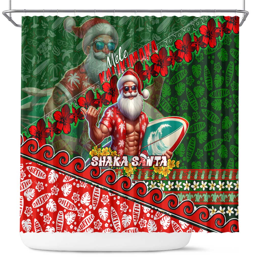 Mele Kalikimaka Shaka Santa Shower Curtain Hawaiian Surf Christmas Design with Aloha Spirit - Polynesian Pride