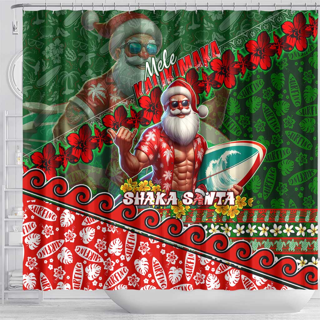 Mele Kalikimaka Shaka Santa Shower Curtain Hawaiian Surf Christmas Design with Aloha Spirit - Polynesian Pride