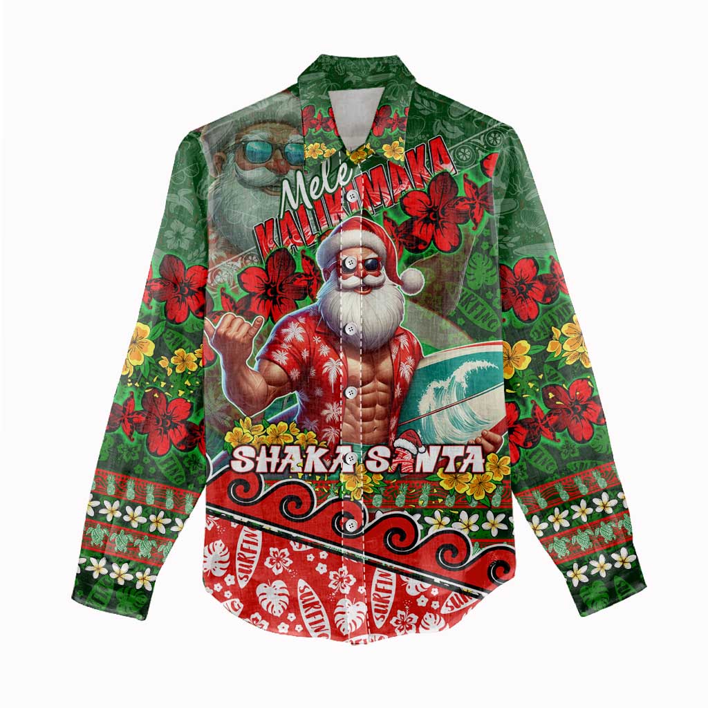 Mele Kalikimaka Shaka Santa Women Casual Shirt Hawaiian Surf Christmas Design with Aloha Spirit - Polynesian Pride