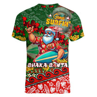 Mele Kalikimaka Shaka Santa Women V-Neck T-Shirt Hawaiian Surf Christmas Design with Aloha Spirit - Polynesian Pride