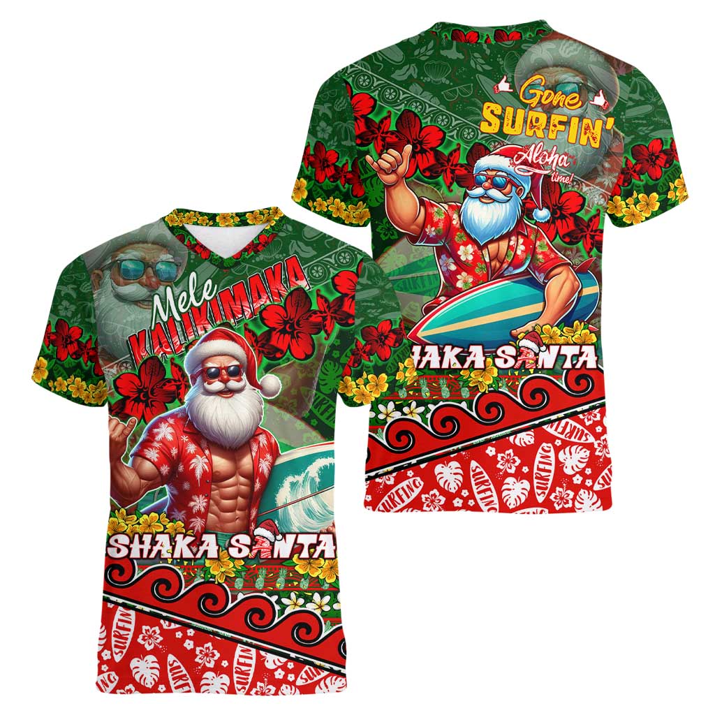 Mele Kalikimaka Shaka Santa Women V-Neck T-Shirt Hawaiian Surf Christmas Design with Aloha Spirit - Polynesian Pride