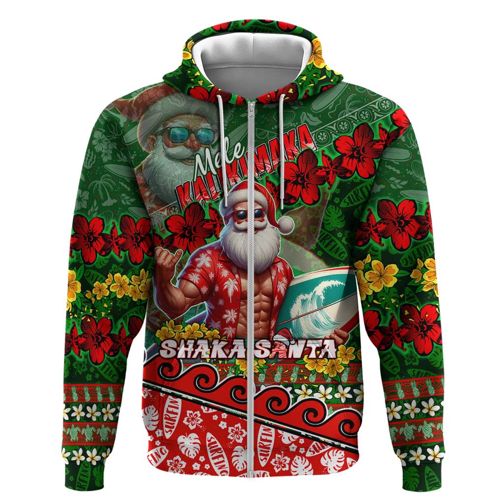 Mele Kalikimaka Shaka Santa Zip Hoodie Hawaiian Surf Christmas Design with Aloha Spirit - Polynesian Pride