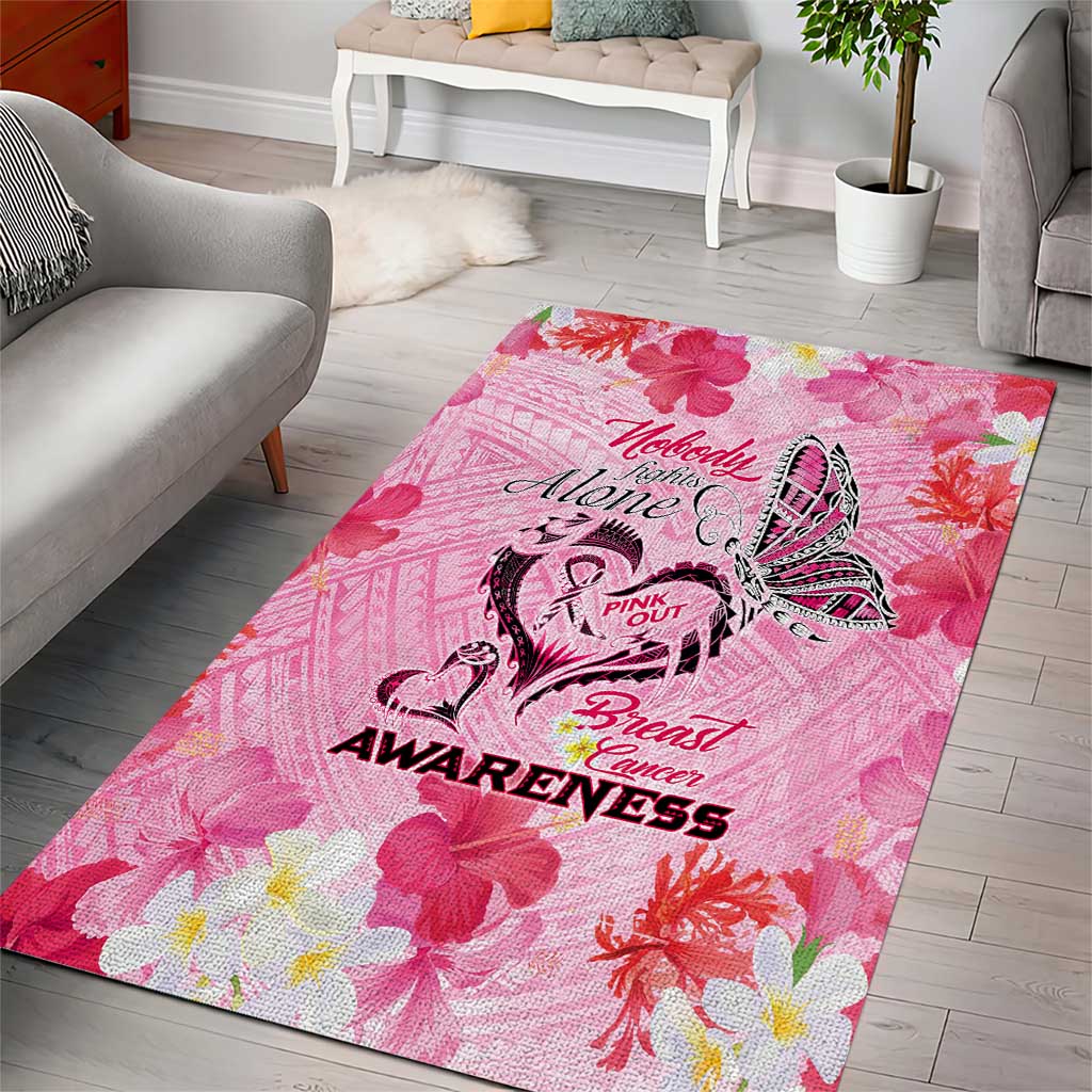 Butterfly Polynesia Breast Cancer Area Rug Nobody Fights Alone Pink Out Tropical Hibiscus
