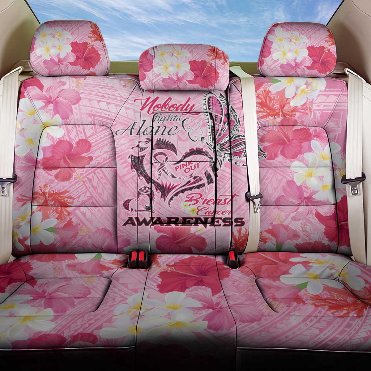 Butterfly Polynesia Breast Cancer Back Car Seat Cover Nobody Fights Alone Pink Out Tropical Hibiscus